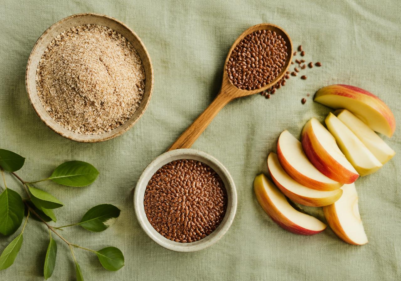Psyllium husk, flax seeds and apple slices